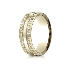 7.5mm Hammered Finish Carved Wedding Band, in 14K Yellow Gold | RockHer