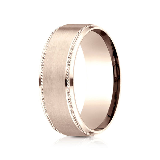 14k Rose Gold 8mm Comfort Fit Knurled Drop Bevel Satin Finish Design Band