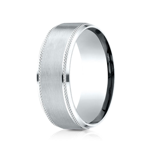 14k White Gold 8mm Comfort Fit Knurled Drop Bevel Satin Finish Design Band