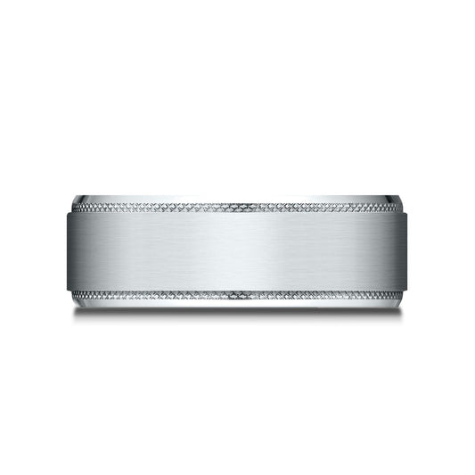 Platinum 8mm Comfort Fit Knurled Drop Bevel Satin Finish Design Band