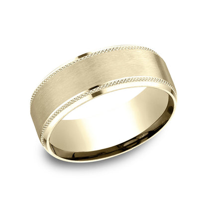 18k Yellow Gold 8mm Comfort Fit Knurled Drop Bevel Satin Finish Design Band