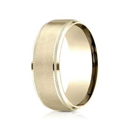 18k Yellow Gold 8mm Comfort Fit Knurled Drop Bevel Satin Finish Design Band