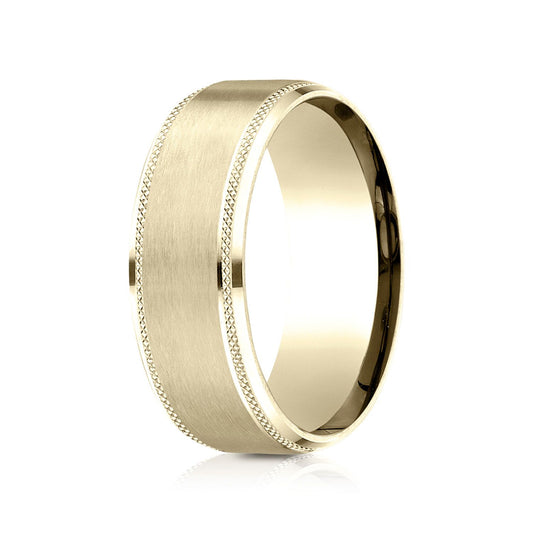 14k Yellow Gold 8mm Comfort Fit Knurled Drop Bevel Satin Finish Design Band
