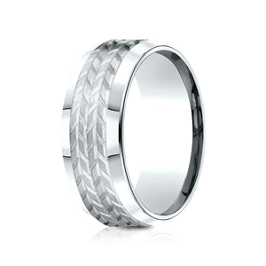 8mm Beveled Edge Treaded Carved Wedding Band, in 14K White Gold | RockHer