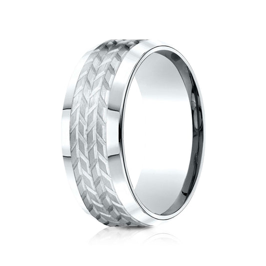 14k White Gold 8mm Comfort Fit Beveled Edge Treaded Design Band