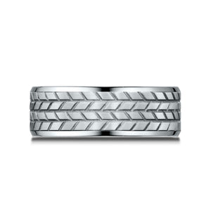 8mm Beveled Edge Treaded Carved Wedding Band, in Platinum | RockHer