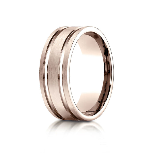 14k Rose Gold 8mm Comfort-fit Satin-finished With Parallel Grooves Carved Design Band