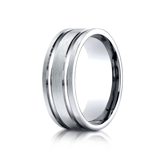 18k White Gold 8mm Comfort-fit Satin-finished With Parallel Grooves Carved Design Band