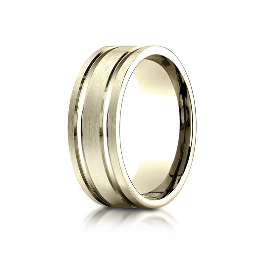 14k Yellow Gold 8mm Comfort-fit Satin-finished With Parallel Grooves Carved Design Band