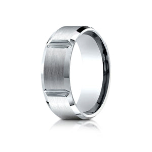 8mm Satin Finish Grooves Carved Wedding Band, in 18K White Gold | RockHer