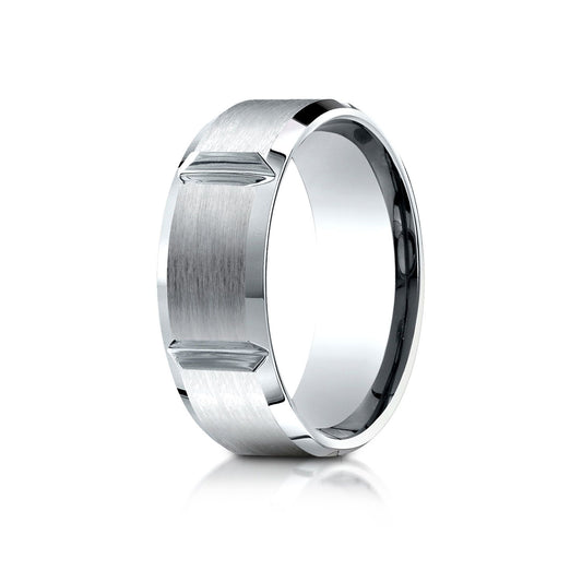 14k White Gold 8mm Comfort-fit Satin-finished Grooves Carved Design Band