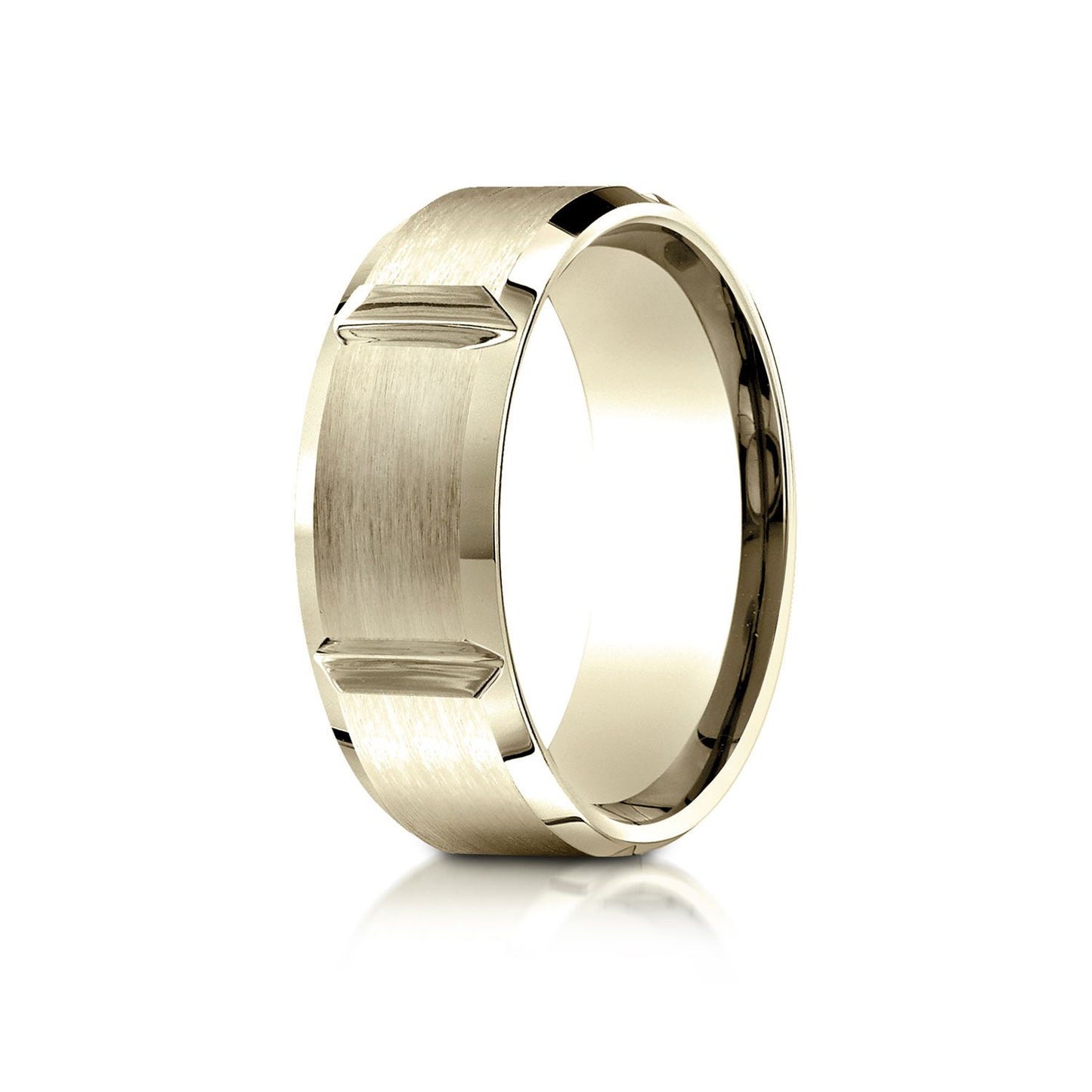 18k Yellow Gold 8mm Comfort-fit Satin-finished Grooves Carved Design Band