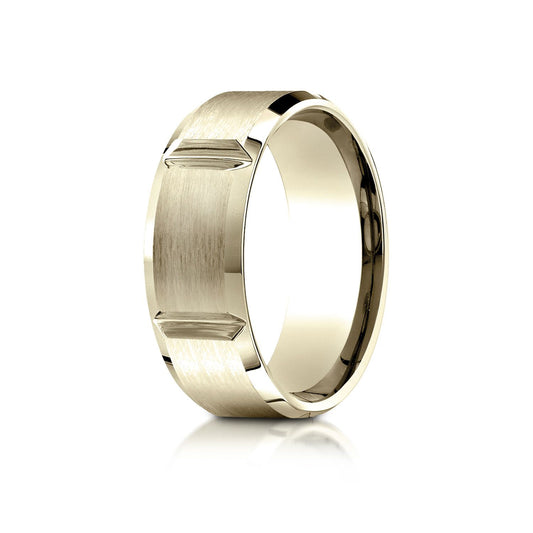 14k Yellow Gold 8mm Comfort-fit Satin-finished Grooves Carved Design Band