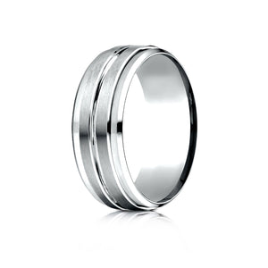 8mm Satin Finish High Polished Center Cut Carved Wedding Band, in 18K White Gold | RockHer