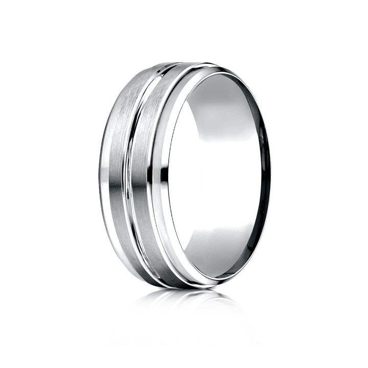 8mm Satin Finish High Polished Center Cut Carved Wedding Band, in 18K White Gold | RockHer