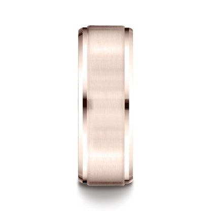 14k Rose Gold 8mm Comfort-fit Satin-finished Drop Beveled Edge Carved Design Band