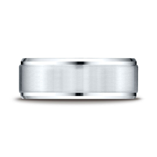 Platinum 8mm Comfort-fit Satin-finished Drop Beveled Edge Carved Design Band
