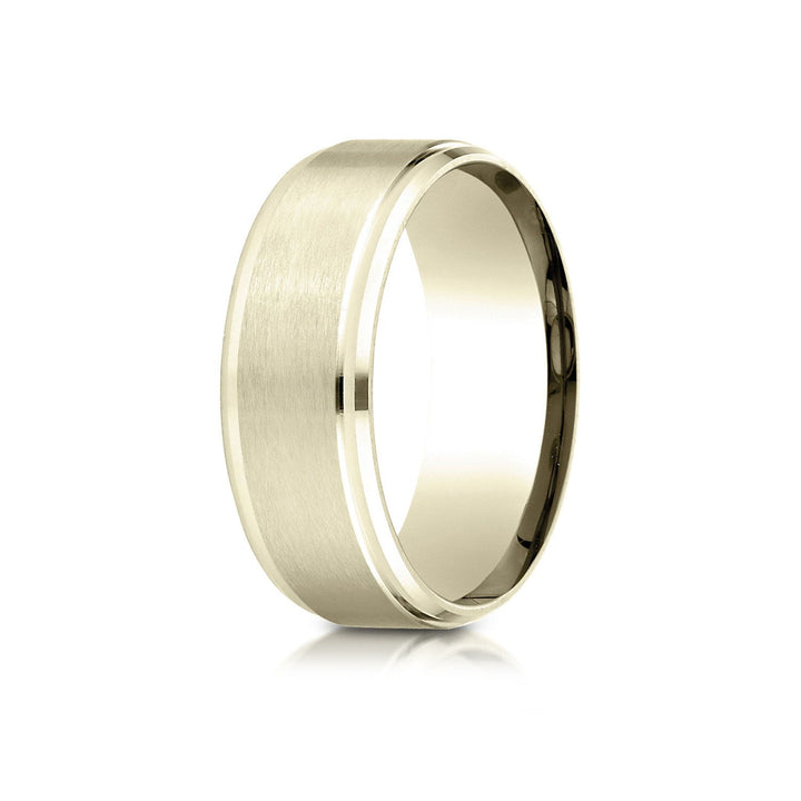 8mm Satin Finish High Polished Beveled Edge Carved Wedding Band, in 18K Yellow Gold | RockHer