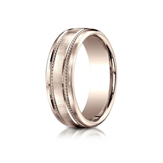 14k Rose Gold 7.5mm Comfort-fit Satin-finished Rope Carved Design Band