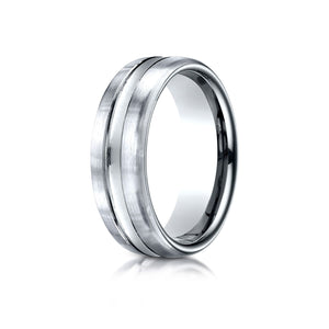 7.5mm Satin Finish High Polished Center Cut Carved Wedding Band, in 18K White Gold | RockHer