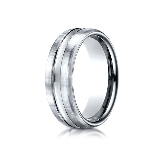 14k White Gold 7.5mm Comfort-fit Satin-finished High Polished Center Cut Carved Design Band