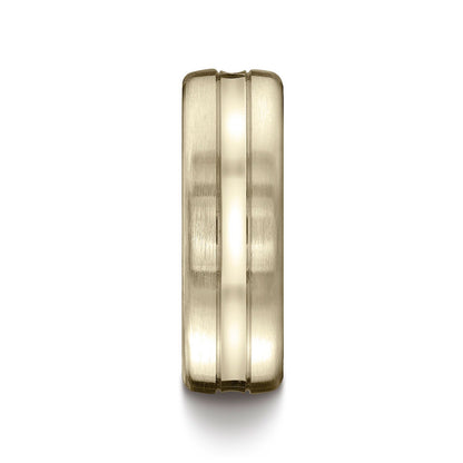 18k Yellow Gold 7.5mm Comfort-fit Satin-finished High Polished Center Cut Carved Design Band