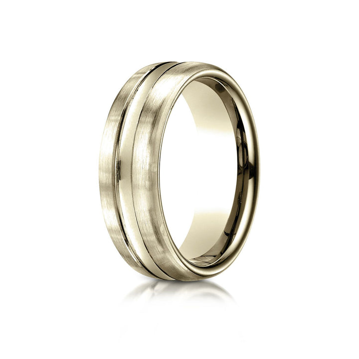 7.5mm Satin Finish High Polished Center Cut Carved Wedding Band, in 18K Yellow Gold | RockHer