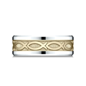 8mm Drop Bevel Ichthys Carved Wedding Band, in 14K White Gold | RockHer