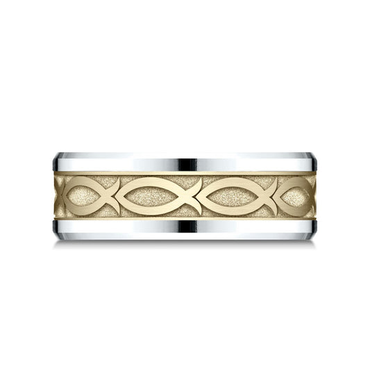 14k Two Tone 8mm Drop Bevel Ichthys Design Band