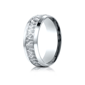 7.5mm Hammered Finish Beveled Edge Carved Wedding Band, in 18K White Gold | RockHer