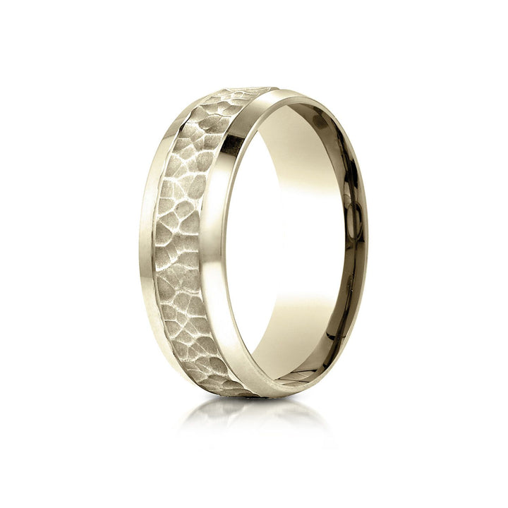 7.5mm Hammered Finish Beveled Edge Carved Wedding Band, in 18K Yellow Gold | RockHer