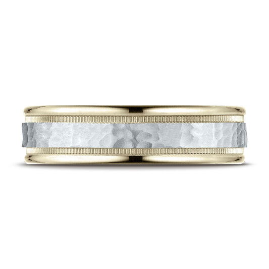 14k Two-toned 6mm Comfort-fit Hammered-finished With Milgrain Carved Design Band