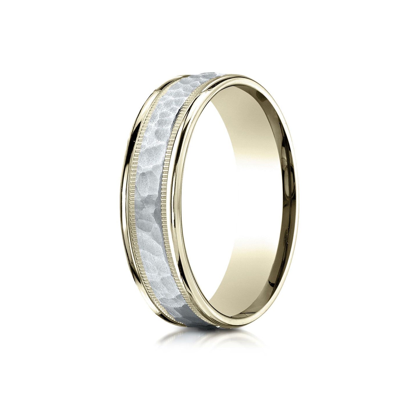 14k Two-toned 6mm Comfort-fit Hammered-finished With Milgrain Carved Design Band