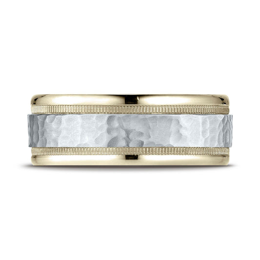 14k Two-toned 8mm Comfort-fit Hammered-finished With Milgrain Carved Design Band
