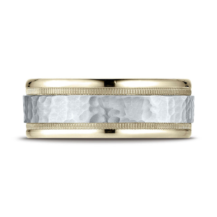 8mm Hammered Finish Milgrain Carved Wedding Band, in 14K White Gold | RockHer