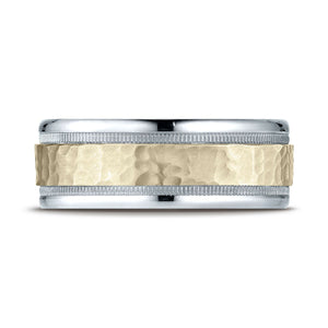 8mm Hammered Finish Milgrain Carved Wedding Band, in 14K White Gold | RockHer