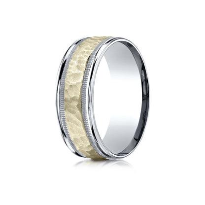 14k Two-toned 8mm Comfort-fit Hammered-finished With Milgrain Carved Design Band