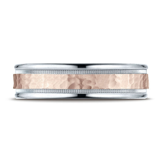 14k Two-toned 6mm Comfort-fit Hammer Finish Design Band