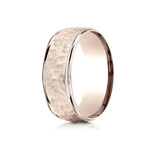 14k Rose Gold Comfort Fit 8mm High Polish Edge Hammered Center Design Band