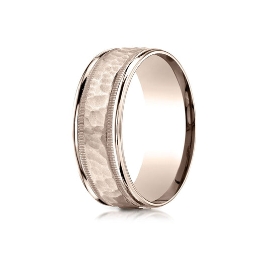 14 Karat Rose Gold 8mm Comfort-fit Hammered Center High Polish Round Edge Carved Design Band