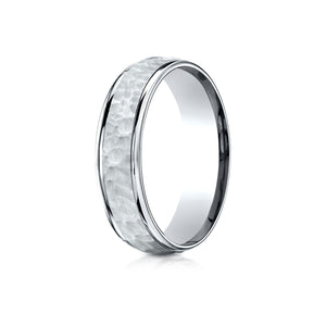 6mm Hammered Finish Carved Wedding Band, in 18K White Gold | RockHer