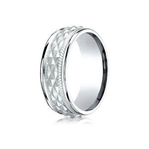 8mm High Polish Cross Hatch Center Carved Wedding Band, in 14K White Gold | RockHer
