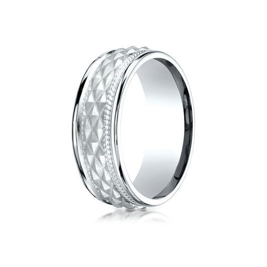 14k White Gold 8mm Comfort Fit Round Edge Cross Hatch Patterned Band