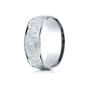 8mm Hammered Finish Carved Wedding Band, in 14K White Gold | RockHer