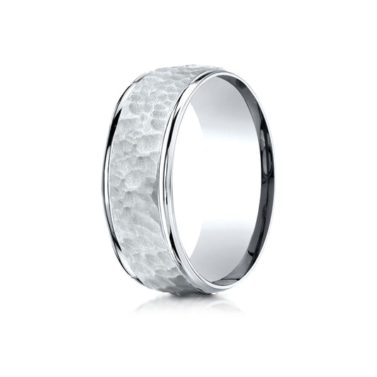 14k White Gold Comfort Fit 8mm High Polish Edge Hammered Center Design Band