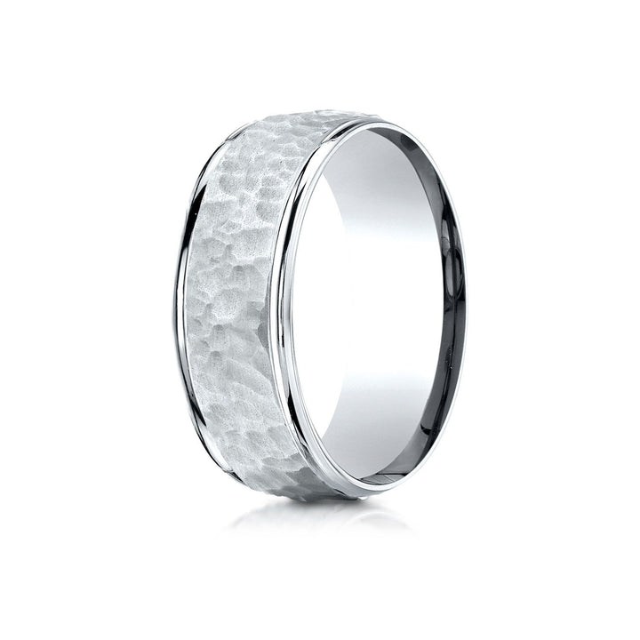 8mm Hammered Finish Carved Wedding Band, in 14K White Gold | RockHer
