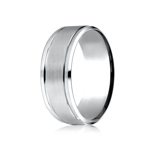 14 Karat White Gold 8mm Comfort-fit Drop Bevel Satin Finish Design Band