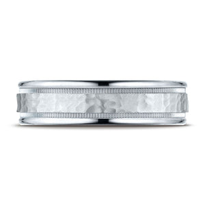 6mm Hammered Center High Polish Round Edge Carved Wedding Band, in Platinum | RockHer