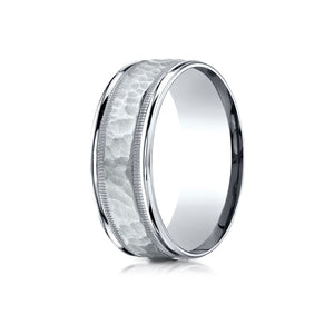 8mm Hammered Center High Polish Round Edge Carved Wedding Band, in 14K White Gold | RockHer