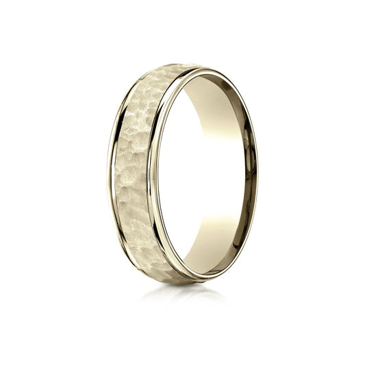 18k Yellow Gold Comfort Fit 6mm High Polish Edge Hammered Center Design Band